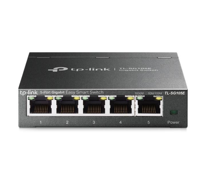 TP-Link TL-SG105E 5-Port Gigabit Easy Smart Switch front isometric view highlighting the shielded RJ45 network ports.