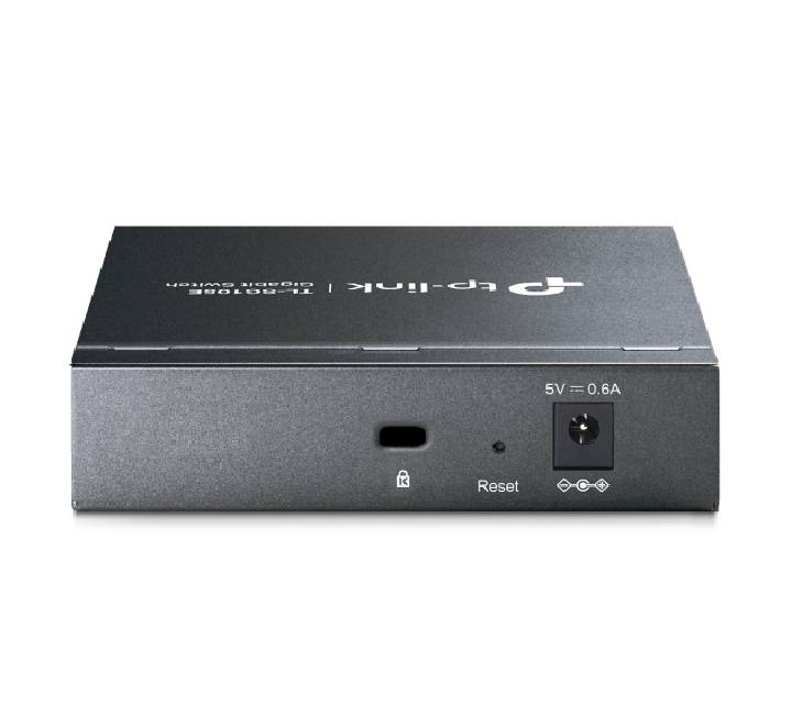 Rear panel view of the TP-Link TL-SG105E Gigabit network switch featuring the DC power jack and Kensington security slot.