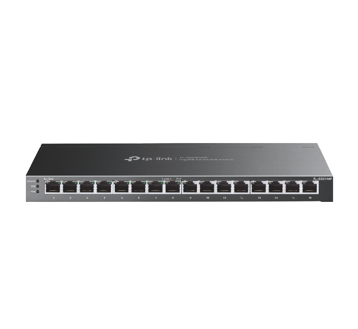 Front angled view of the TP-Link TL-SG2016P 16-port gigabit smart switch with PoE+ ports.