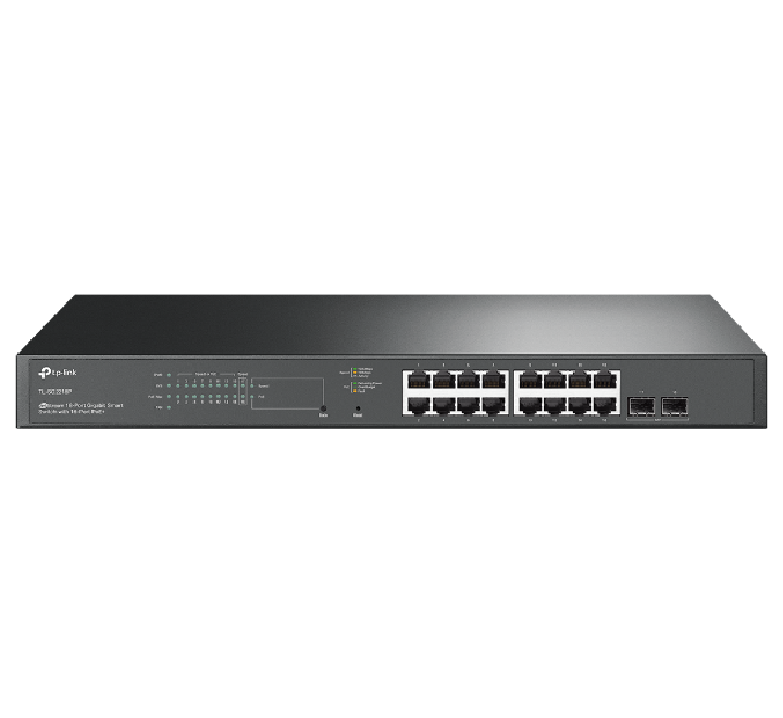 TP-Link TL-SG2218P JetStream 18-Port Gigabit smart PoE switch showing the front matrix layout of 16 PoE+ ports and 2 SFP slots.