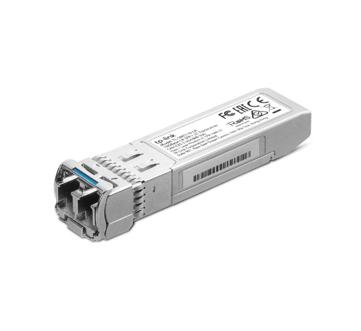 TP-Link TL-SM5110-LR 10GBase-LR SFP+ single-mode LC transceiver module showcasing its premium metal casing and blue pull-tab latch.