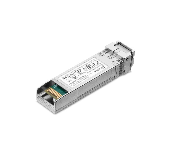 Close-up view of the dual LC/UPC optical fiber connector interface on the TP-Link TL-SM5110-SR SFP+ transceiver module.