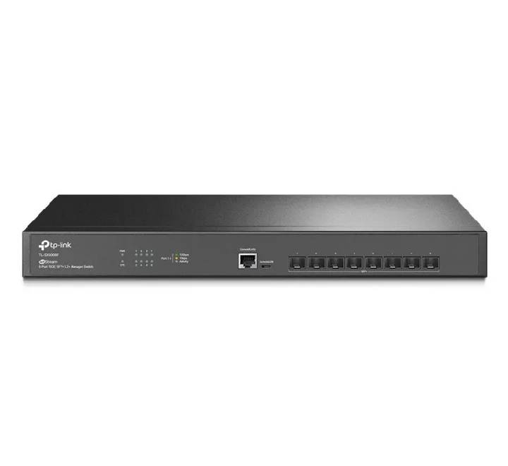 Front view of the TP-Link TL-SX3008F JetStream 8-Port 10GE SFP+ switch showing slot layout.