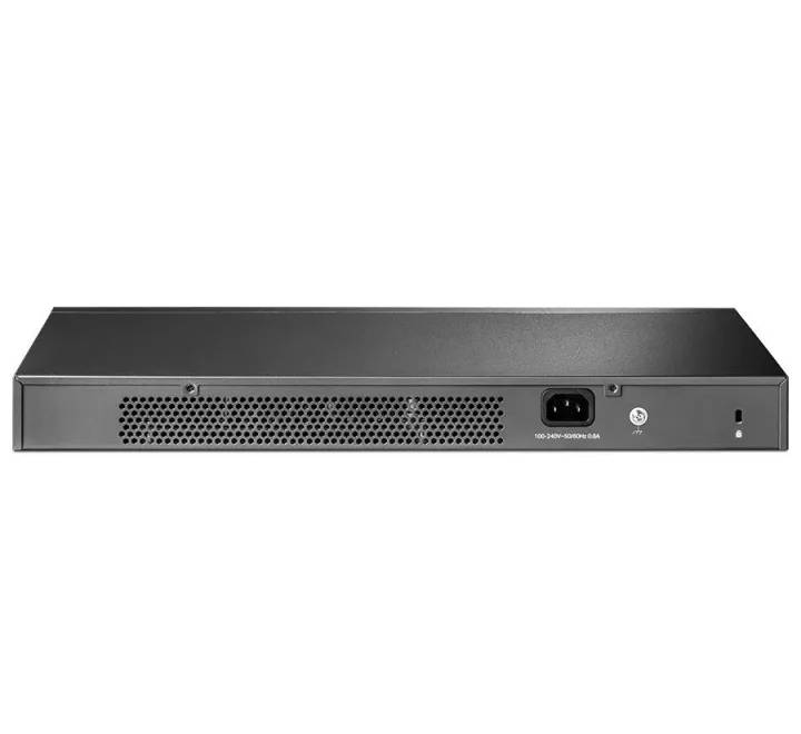 Close-up of the console management ports and LED status indicators on the TL-SX3008F switch.