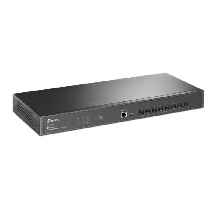 Rear perspective of the TP-Link TL-SX3008F switch displaying power input and grounding terminal.