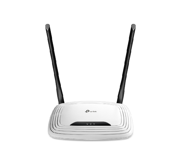 Front perspective view of the TP-Link TL-WR841N 300Mbps Wireless N Router with two external antennas