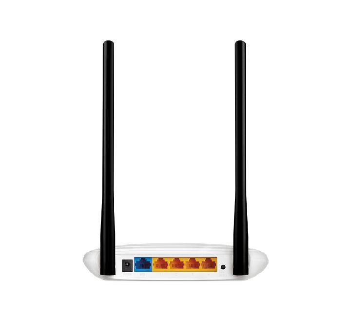 Close-up view of the rear connectivity panel on the TP-Link TL-WR841N showing 4 LAN ports, 1 WAN port, and the WPS reset button