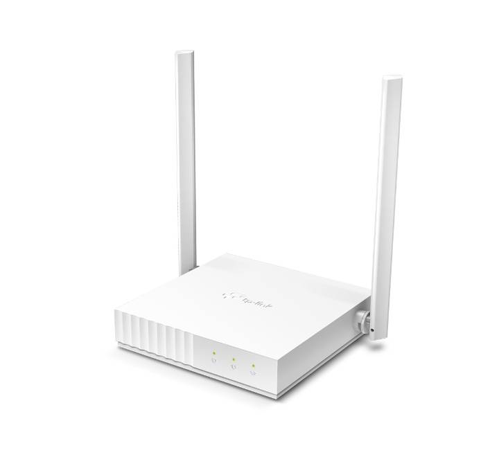 Front studio view of the white, compact TP-Link TL-WR844N multi-mode wireless router with its two high-gain external antennas raised vertically and green front status LEDs lit.