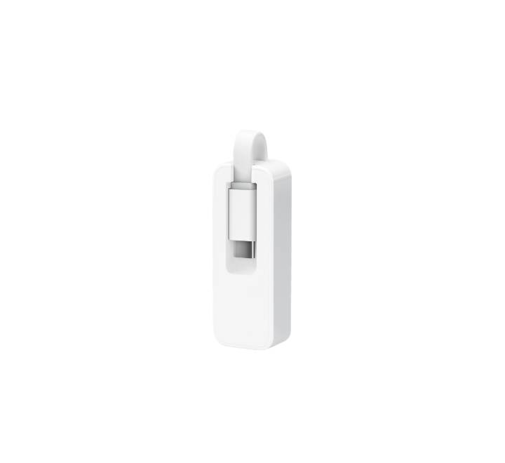 Close-up of the TP-Link UE300C ethernet adapter with its type-c cable folded away securely inside the integrated protective storage groove.