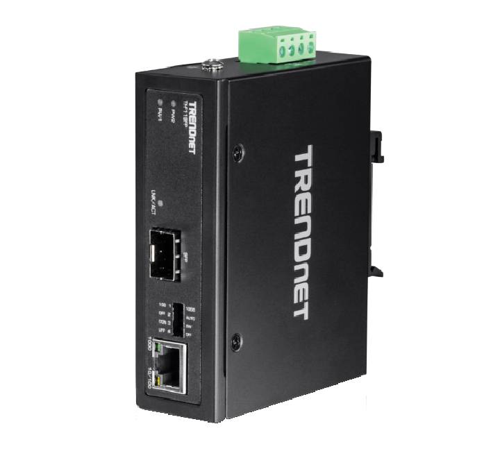 TRENDnet TI-F11SFP Hardened Industrial Media Converter front profile focusing on the Gigabit copper RJ45 port and open SFP transceiver cage slot.