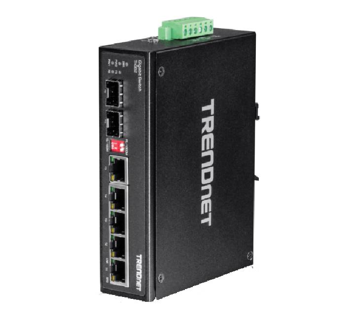 TRENDnet TI-G62 hardened industrial gigabit DIN-rail switch showcasing five ethernet ports and two SFP slots.