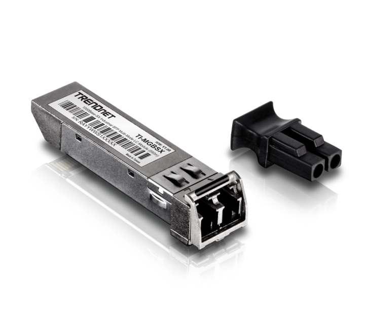 Isometric front panel view of the TRENDnet TI-MGBSX industrial mini-GBIC transceiver module showing the duplex LC fiber optic interface socket and metal extraction clip.