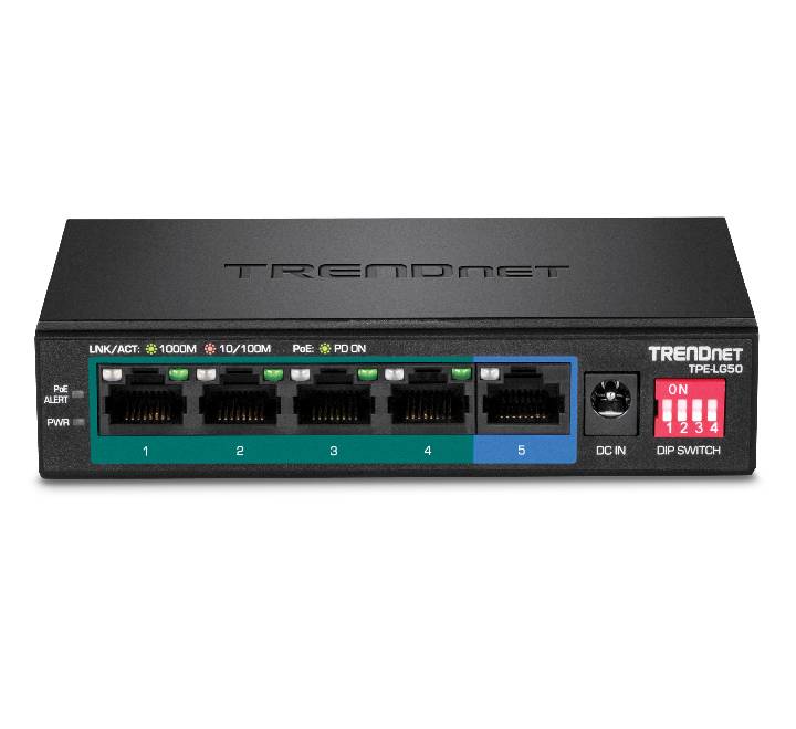 TRENDnet TPE-LG50 5-Port Gigabit Long Range PoE+ Switch front view displaying the port sequence and status LED panels.