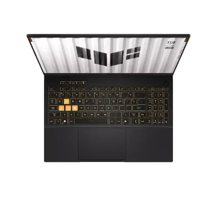 Side view profile of the TUF Gaming FX608 showing USB-C with Power Delivery, HDMI 2.1, and RJ45 ports.