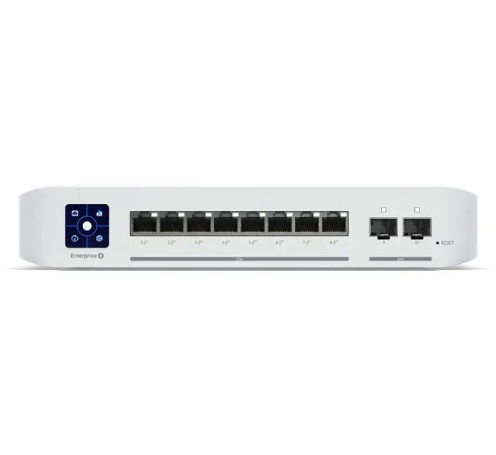Front view of the Ubiquiti UniFi Switch Enterprise 8 PoE showcasing its 8 multi-gigabit ports, 2 SFP+ uplinks, and color LCM touchscreen layout.