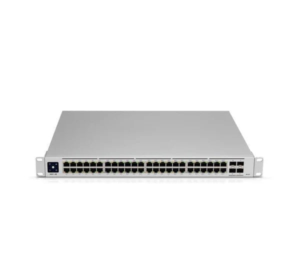 Ubiquiti USW-Pro-48-POE switch front view featuring 1.3 inch color touchscreen and 48 PoE ports.