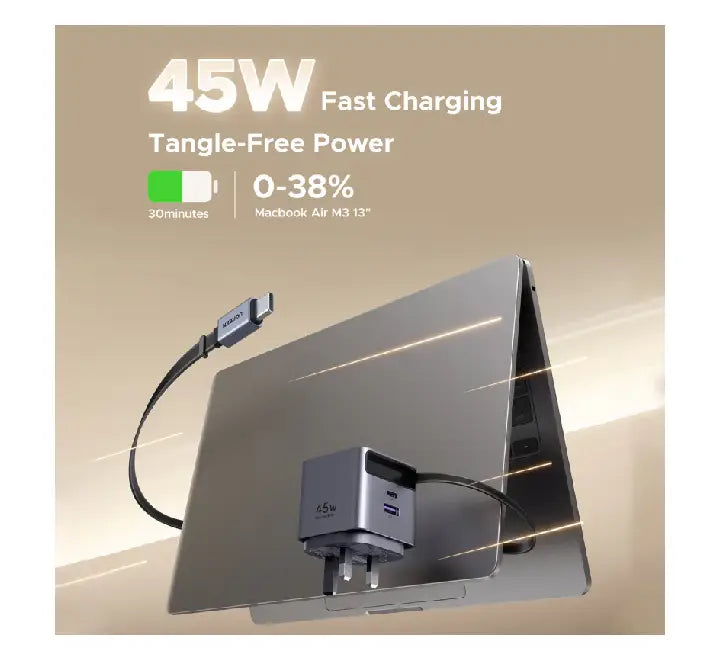 Pocket-sized UGREEN 45W GaN charger with retractable cable held next to a travel backpack.