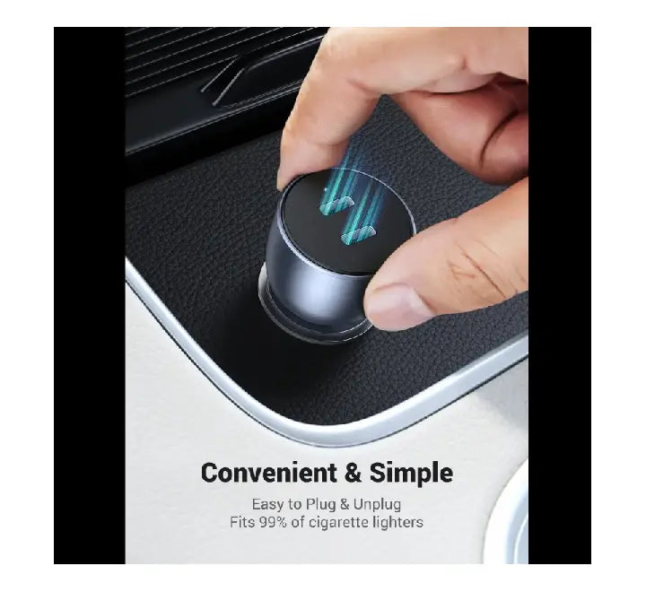Close-up of UGREEN car charger dual Type-C ports with illuminated blue LED indicator