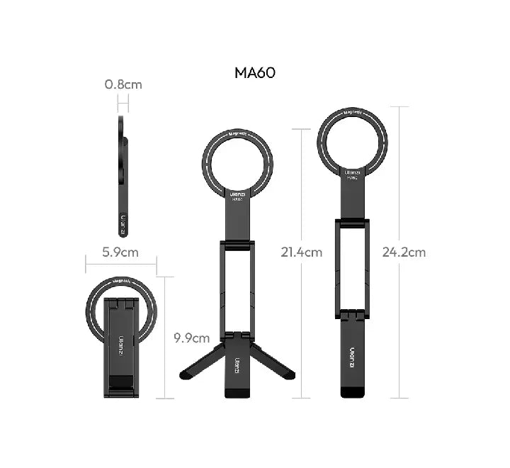 Ulanzi MA60 dual-sided magnetic mount holding an iPhone on one side and an LED light on the other