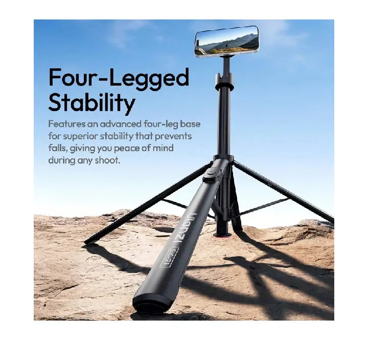 One-touch auto open button deploying tripod legs on Ulanzi SK-21 selfie stick