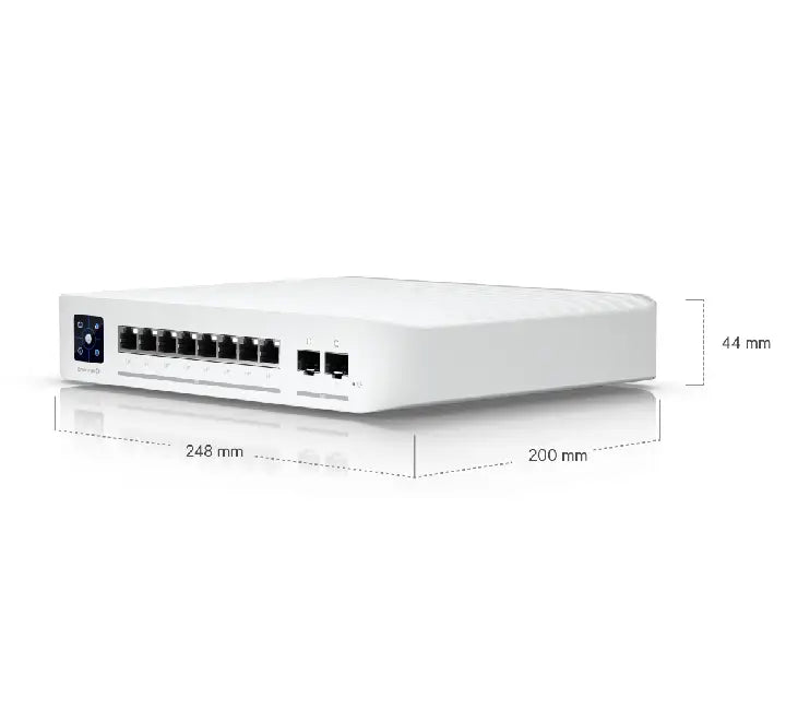 Angled profile shot of the compact UniFi USW Enterprise 8 PoE hardware switch displaying its premium steel enclosure casing.