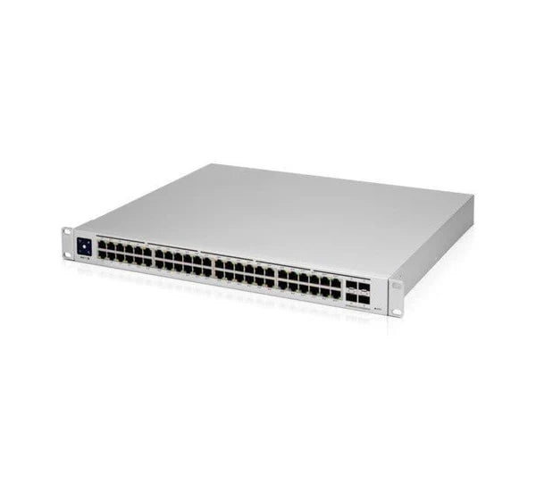 Detailed view of USW-Pro-48-POE showing 40 PoE+ ports, 8 PoE++ ports, and 4 10G SFP+ uplinks.