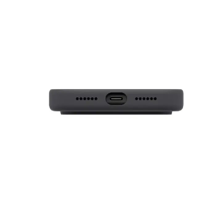 Handholding UNIQ Lino liquid silicone case showing smooth anti-fingerprint texture