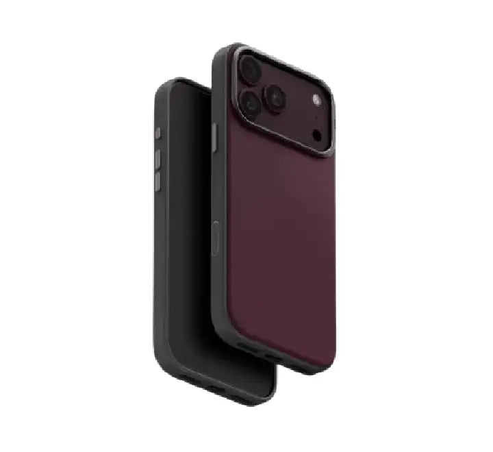 UNIQ Hybrid Lyden DS MagSafe case in Deep Maroon for iPhone 18 Series showing dual-tone vegan leather finish