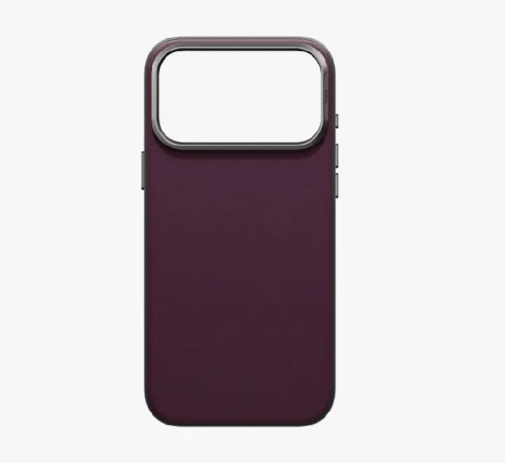 Close-up of aluminium camera bezel and side buttons on UNIQ Lyden DS Deep Maroon iPhone 18 case