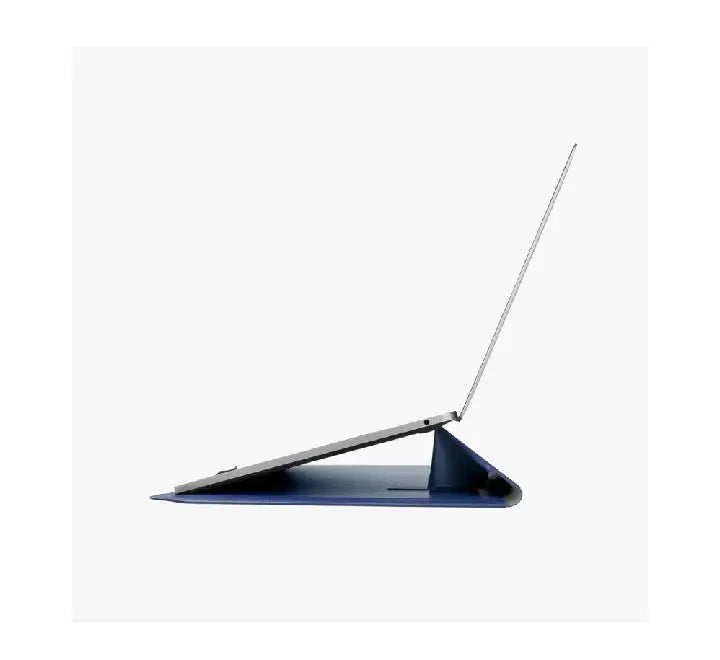 MacBook Pro 14 propped at an ergonomic 25 degree angle on Uniq Oslo folded stand case