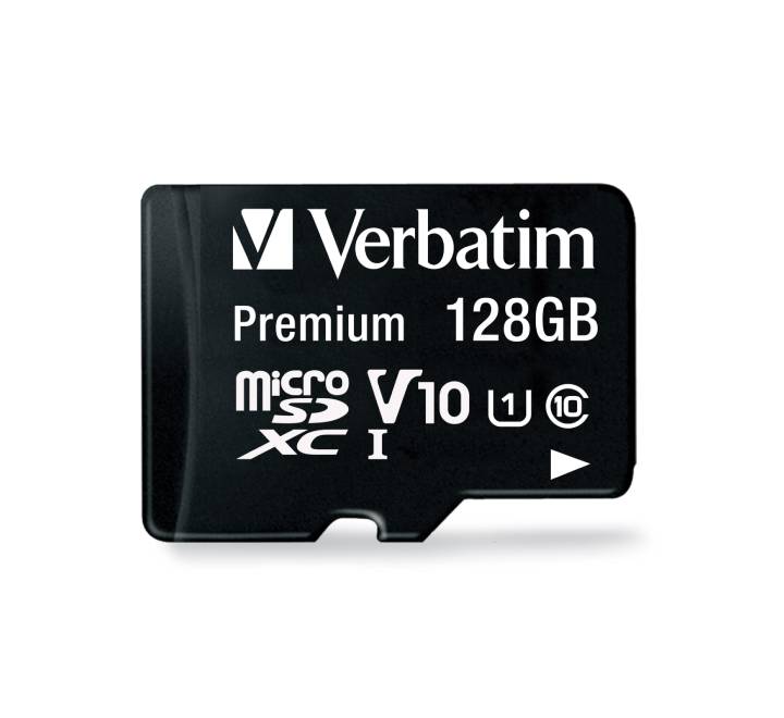 Verbatim 128GB Premium microSDXC memory card sitting next to its included full-size SD adapter.
