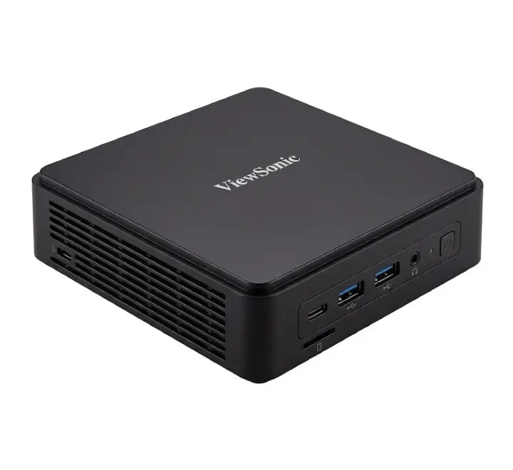Front angle view of the compact ViewSonic VBS105-W Mini PC in black showing power button and front ports.