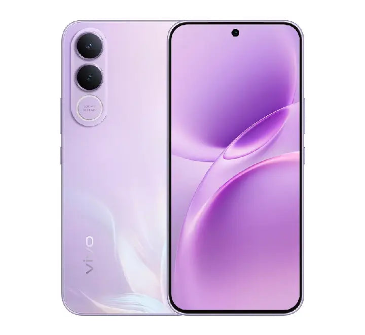 Front and back view of the vivo V70 FE 5G smartphone in Muse Purple, showcasing its sleek design, premium metallic finish, and rear camera module.
