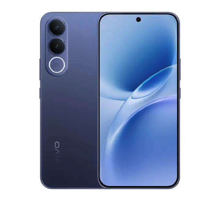 The vivo V70 FE 5G smartphone in Ocean Blue variant, displaying the vibrant blue rear panel texture and ultra-slim profile.