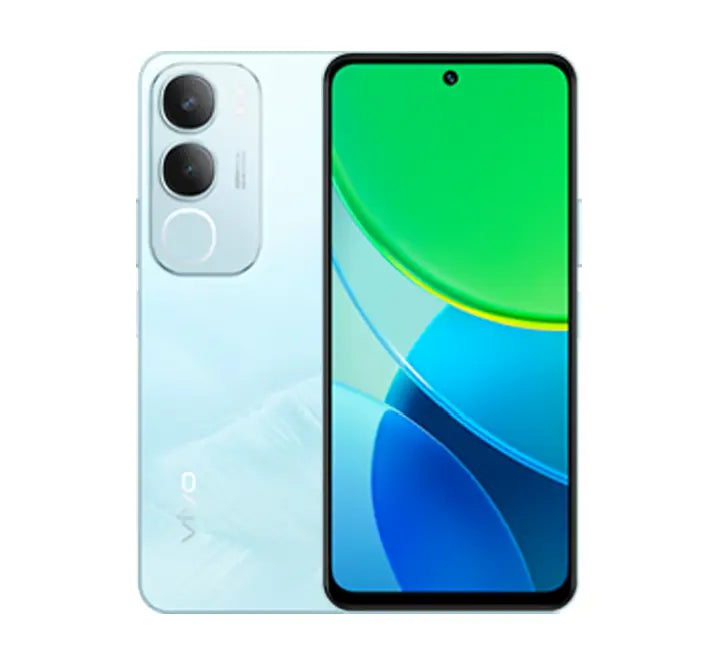 Rear perspective view of the vivo Y19s smartphone in Glacier Blue, highlighting its striking diamond textured back plate pattern and 50MP AI camera housing.