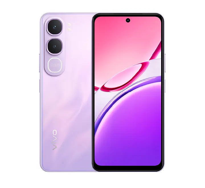 Rear and front view of the vivo Y21d smartphone in Purple, showing the elegant gradient back design, the 50MP dual camera setup, and the large immersive 6.68-inch display.
