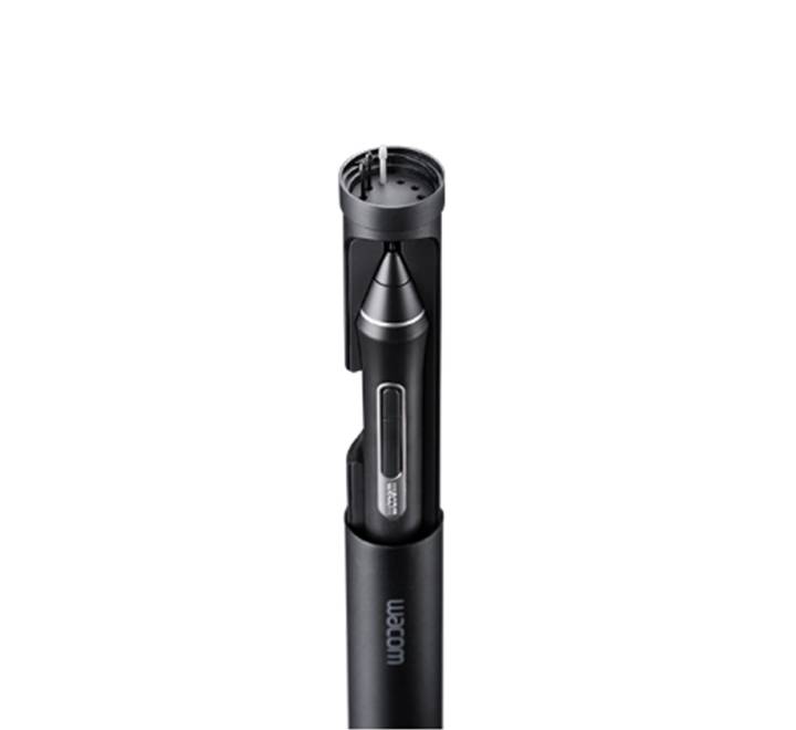 Wacom Pro Pen 2 resting inside its protective case with spare nib slots and accessories.