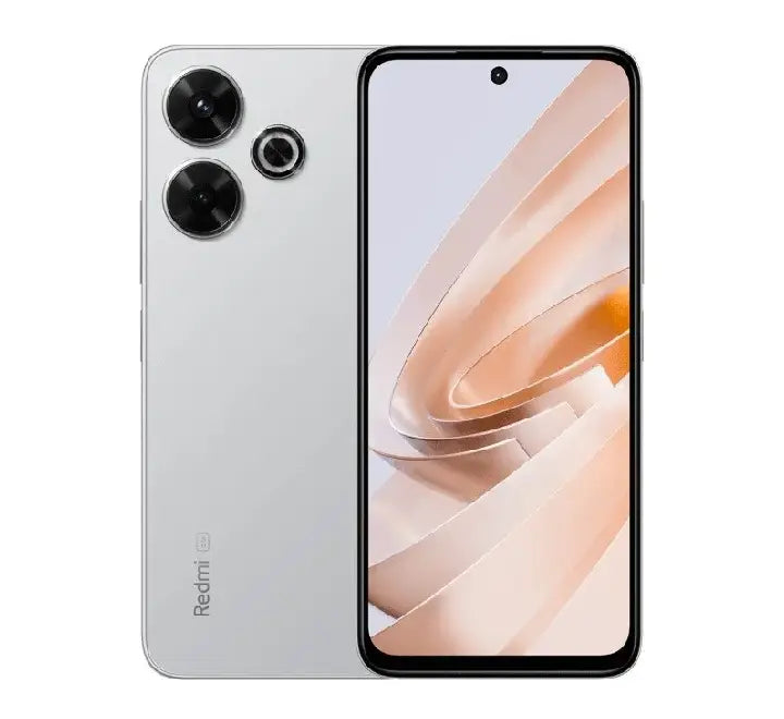 Xiaomi Redmi Note 13R 5G Android smartphone in Silver finish highlighting its sleek profile and metallic sheen.