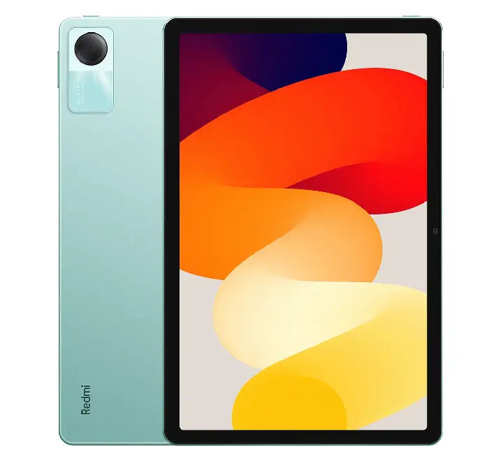 A Mint Green Xiaomi Redmi Pad SE tablet being used for entertainment, highlighting the quad speakers with Dolby Atmos.
