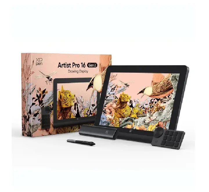 Side view of the XPPen Artist Pro 16 (Gen 2) highlighting the built-in foldable stand and slim 12.9mm profile.
