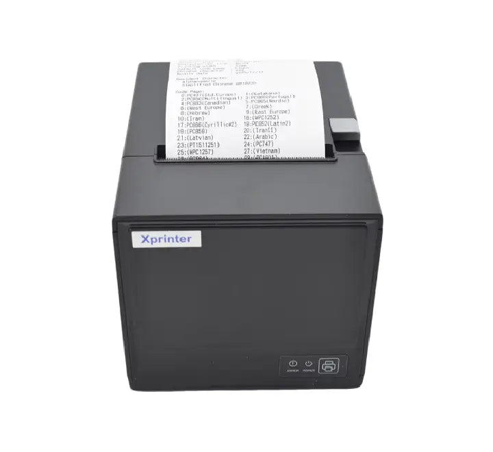 Front top view of the Xprinter XP-80U 80mm thermal receipt printer showing the power switch, status LEDs, and paper output slot.