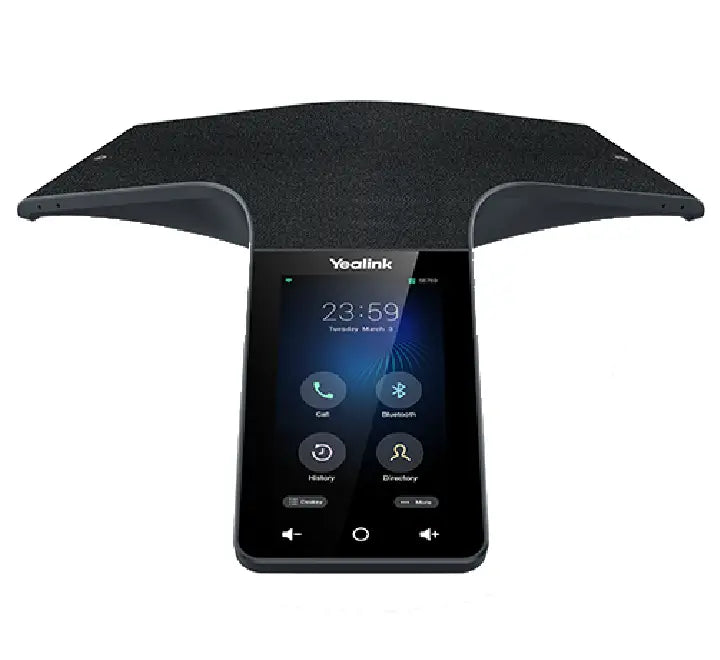 Close-up view of the Yealink CP965 conference phone's 5-inch touchscreen interface displaying call configuration menus.