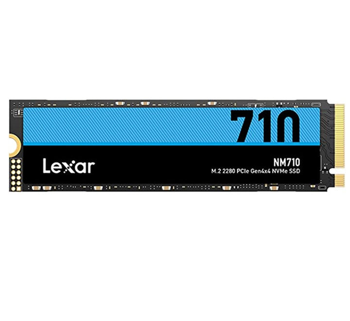 Lexar NM710 500GB M.2 2280 NVMe PCIe Gen4x4 internal solid state drive showing the circuit board layout and product serial labels.