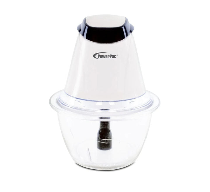 PowerPac PPCP813 1L Mini Chopper Black Edition showing the premium dark motor housing, clear glass bowl, and double stainless steel blades on a kitchen countertop.