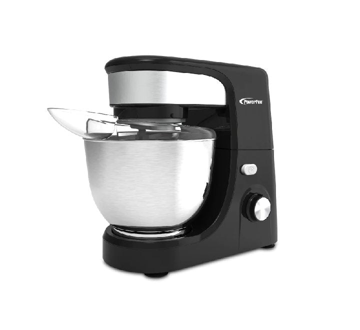 PowerPac PPSM445 5L electric stand mixer in premium midnight black with a 5-liter stainless steel mixing bowl, showing tilt-head locked placement and speed knob.