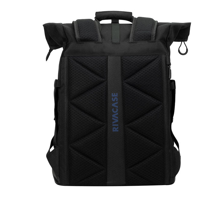Close up view of the deployed waterproof rain cover and the chest strap rescue whistle on the black Rivacase Dijon 5321 backpack in Yangon.