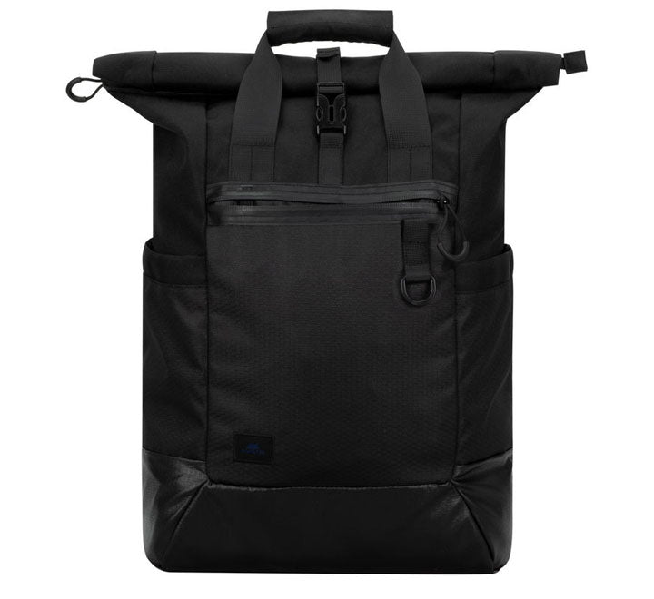 Rivacase Dijon 5321 Black ECO 25L roll top laptop backpack front profile view made of water resistant material with PU lamination available in Myanmar.