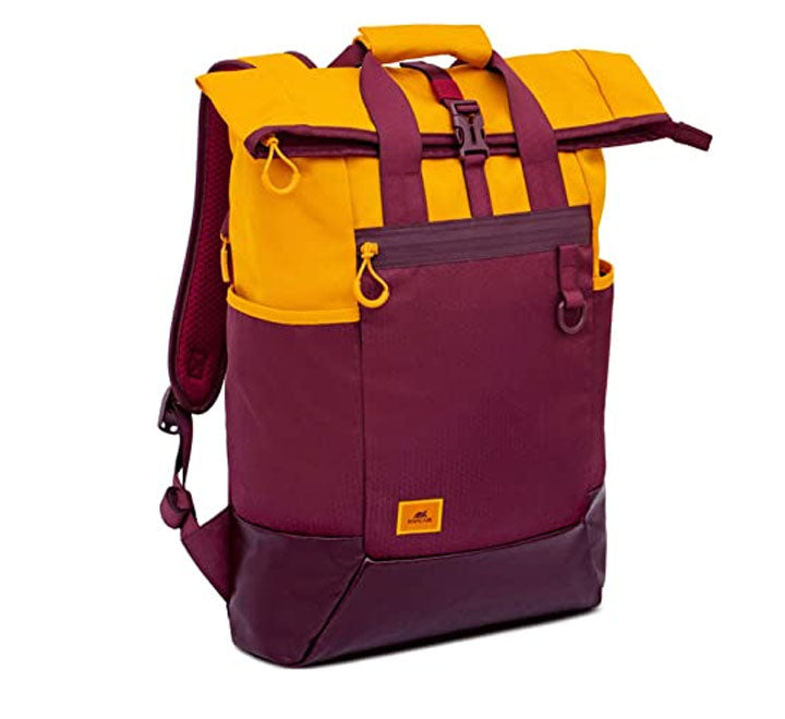 Rivacase Dijon 5321 Burgundy Red ECO 25L roll top laptop backpack front profile view showing the water resistant material available in Myanmar.