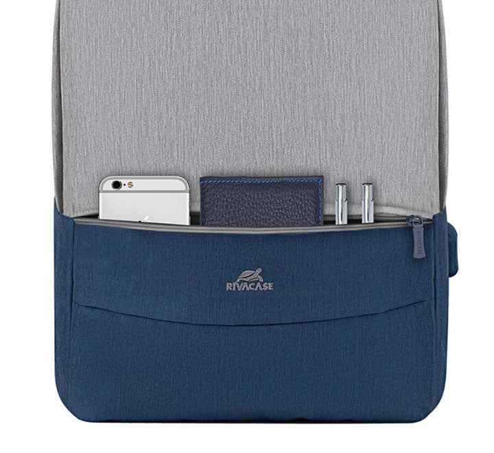 Fully opened interior of Rivacase Prater 7562 backpack showing the shock absorbing padded 15.6 inch laptop pocket and internal organizer slots.