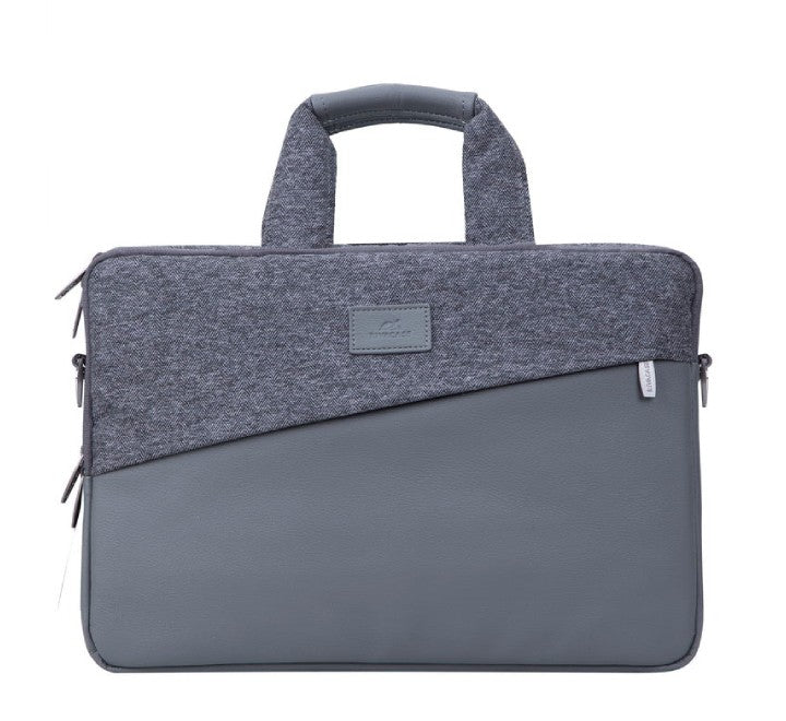 Rivacase 7930 Egmont gray laptop bag for 16 inch MacBook Pro and 15.6 inch Ultrabook, front view showing premium faux leather and tweed design.